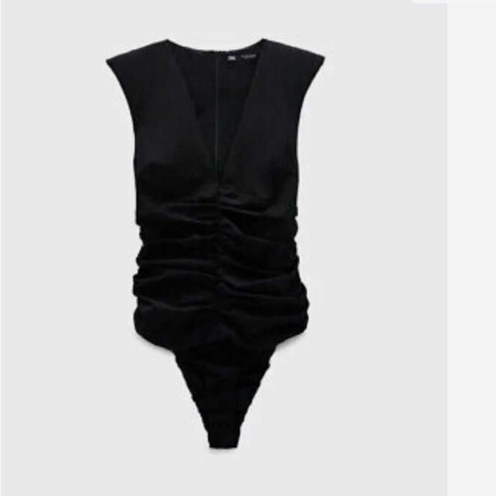 Zara New Shoulder Pad Draped Low V-Neckline Bodysuit Black Size M